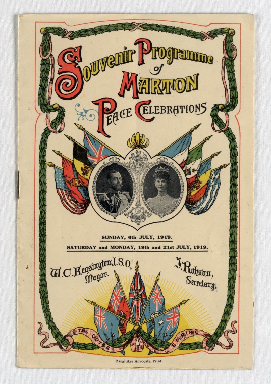 2001-165.1_001 copy Programme for Marton Peace Celebrations, 8 July 1919. From the collection of the Air Force Museum of New Zealand.