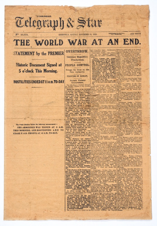 2017-035_p1 copy Yorkshire Telegraph and Star newspaper, 11 November 1918. Newspapers across the British Empire heralded the joyous news of the Armistice. From the collection of the Air Force Museum of New Zealand.