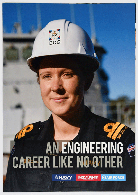 Engineering 2018 Fastforward to 2018, and this Tri-Service recruiting pamphlet features a female naval engineer on the cover. It describes the various kinds of military engineers, including the two different engineering roles in the Navy: Weapon Engineer Officer (WEO) and Marine Engineer Officer (MEO).