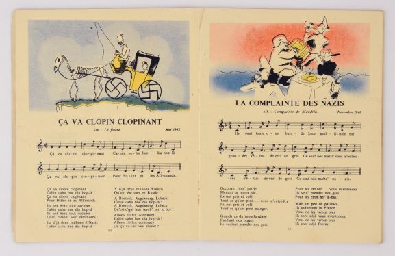 1989-321.1a_p2 Songs from the 'Chansons de la BBC' Songbook, showing the illustrations, melody, and lyrics. From the collection of the Air Force Museum of New Zealand.