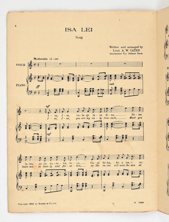 1989-349.2_p3 'Isa Lei – a Fijian Melody' sheet music showing the melody and the lyrics. From the collection of the Air Force Museum of New Zealand.