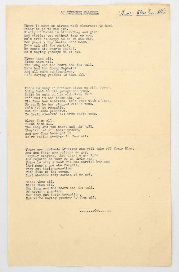 1991-204.81 'An Air Force Farewell”'Music Lyrics, a parody of 'Bless ‘em All.' From the collection of the Air Force Museum of New Zealand.