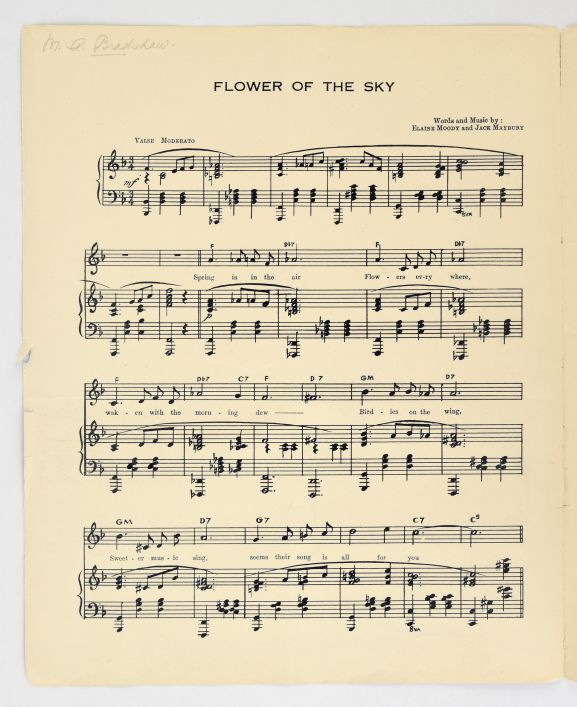 2013-003_p2 'Flower of the Sky' sheet music showing the melody and the lyrics. From the collection of the Air Force Museum of New Zealand.