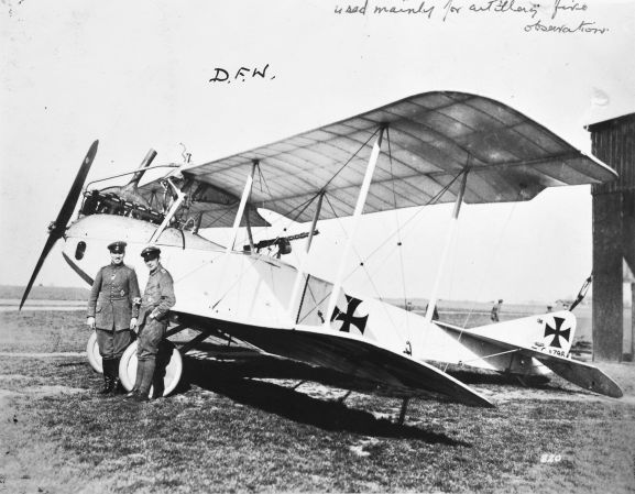 ALB920382B076 Caldwell describes this photograph in his album “DFW. Used mainly for artillery fire observation.” Deutsche Flugzeug-Werke (DFW) manufactured aircraft in Germany from 1910 until just after World War One. Image from the K. L. Caldwell personal album collection.
