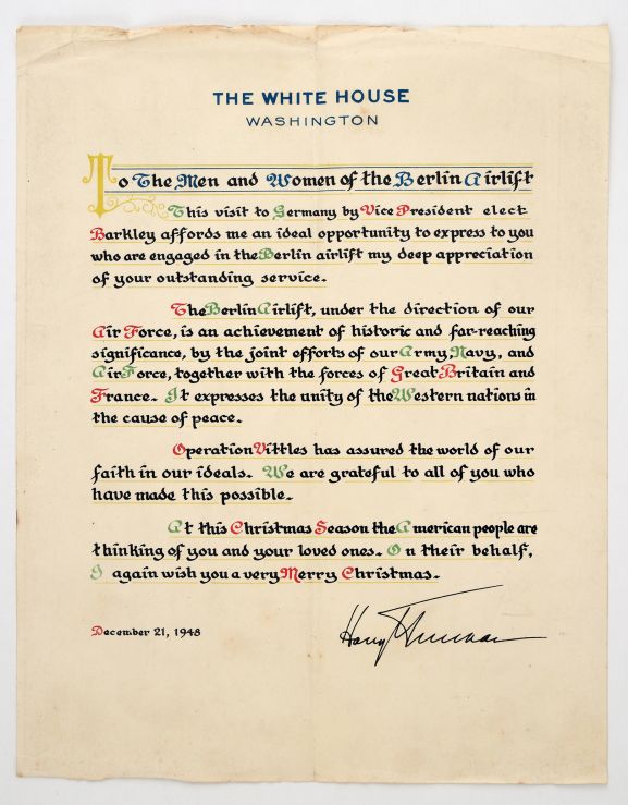 2017-017.16a Letter of appreciation from the White House to those taking part in the Berlin Airlift. Christmas 1948. From the collection of the Air Force Museum of New Zealand.