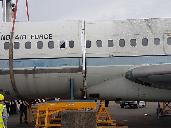 20190502_095312_resized - Copy Fuselage of NZ7272 separated after the cut by Airbus, 1 May 2019. Image courtesy of RNZAF Base Woodbourne staff.