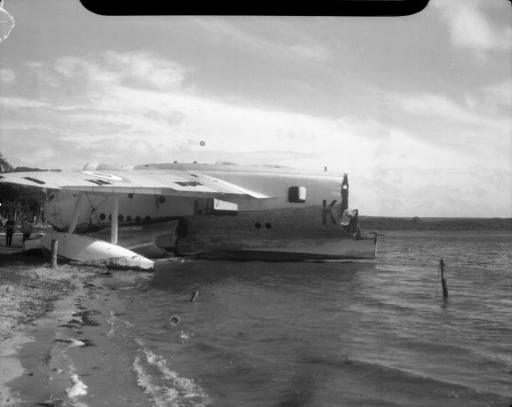 WhG1702-60 No. 5 Squadron Sunderland NZ4111 being salvaged for parts on the shore of Te Whanga Lagoon on the Chatham Islands. NB. This negative deteriorating resulting in a loss of quality.