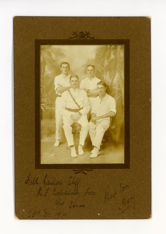 1993-210.2a_web Harry Leese (back row, right) and other members of the Army Pay Corps at Apia, Samoa, December 1914.