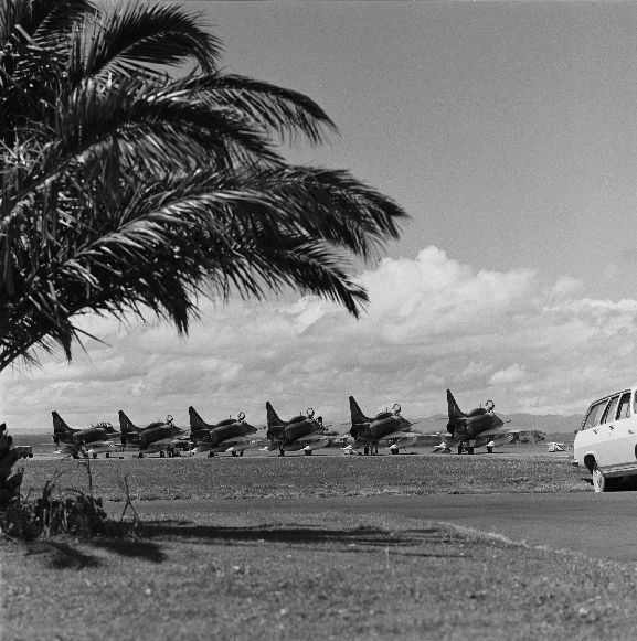 OhG5029-70 Line up of No. 75 Squadron Skyhawks on the tarmac at RNZAF Base Ohakea. L-R: NZ6251, NZ6210, NZ6203, NZ6204, NZ6201, NZ6202.