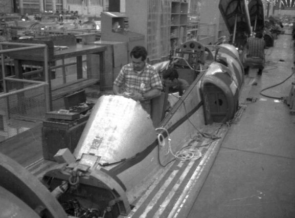 PR7792-17a-69 Skyhawks for the RNZAF under construction at Douglas Aircraft Company, Longbeach, California, United States. Fuselage cockpit sections on the production line.