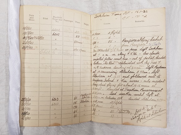 Euan Dickson logbook_1981-148.5_p3 Euan Dickson's flying log book, open at the page with his entry for the first aerial crossing of Cook Strait, 25 August 1920. From the collection of the Air Force Museum of New Zealand.