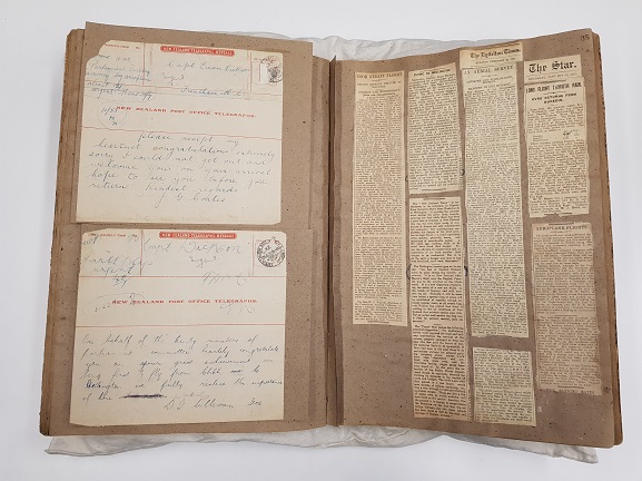 Euan Dickson scrapbook_1983-066.1_p1 Captain Euan Dickson's personal scrapbook, containing congratulatory telegrams and newsclippings of his history-making flight. From the collection of the Air Force Museum of New Zealand.