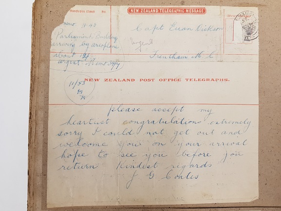 Euan Dickson telegram_1983-066.1_p2 Telegram of congratulations from Minister of Public Works (later, Prime Minister) and aviation enthusiast, Joseph Coates, to Captain Euan Dickson on his Cook Strait Crossing, 25 August 1920. From the collection of the Air Force Museum of New Zealand.
