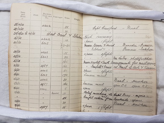 20210128_133238 - Copy Page from Canterbury (NZ) Aviation Company Chief Pilot Euan Dickson's log book, showing the entry for the first scheduled air mail flight on 31 January 1921. From the collection of the Air Force Museum of New Zealand.
