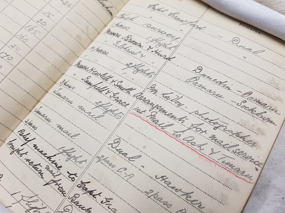 20210128_133701 - Copy Page from Canterbury (NZ) Aviation Company Chief Pilot Euan Dickson's log book, showing the entry for the first scheduled air mail flight on 31 January 1921. From the collection of the Air Force Museum of New Zealand.