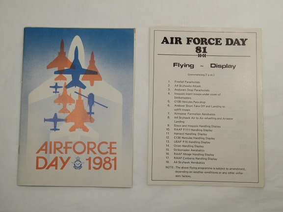 Air Force Day '81 programme Programme of events, Air Force Day '81. The front cover illustration was designed by the RNZAF's official artist, Wing Commander Maurice Conly. From the collection of the Air Force Museum of New Zealand.