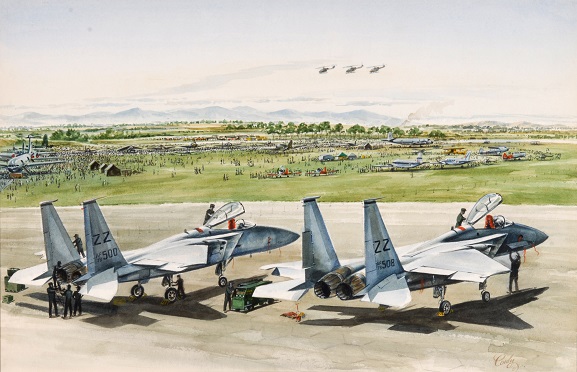 Air Force Day '81 Conly painting Watercolour – ‘Air Force Day 1981’ by Wing Commander Maurice Conly. Artwork depicts the two United States Force F-15 aircraft on the tarmac at the Open Day: F-15c 780500 (left) and F15c 780508 (right) both from the 67th Fighter Squadron, 5th Air Force USAF. From the collection of the Air Force Museum of New Zealand.