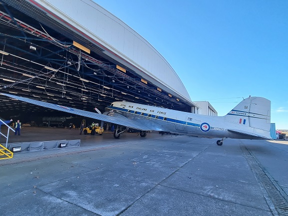 Dakota NZ3551 Dakota NZ3551 being wheeled out of the Aircraft Hall for the first time in more than 30 years. 3 May 2021. Image: Air Force Museum of New Zealand.